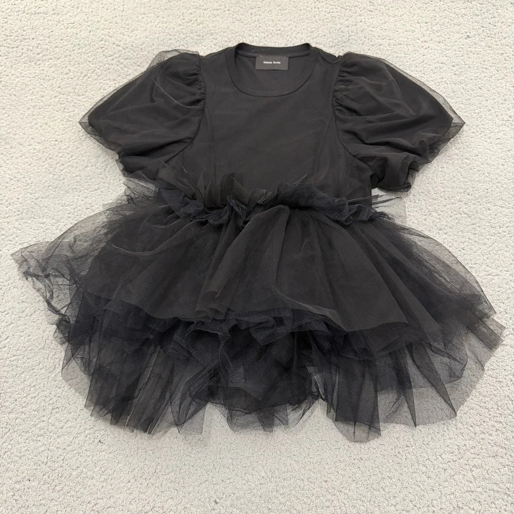 Simone Rocha Black Tulle Puff Sleeve Peplum Top Avant-Garde Tee Blouse Medium - Picture 1 of 11